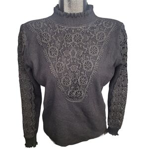 Sioni Black Lace Whimsgoth Ruffled Neckline Sweater Size L
